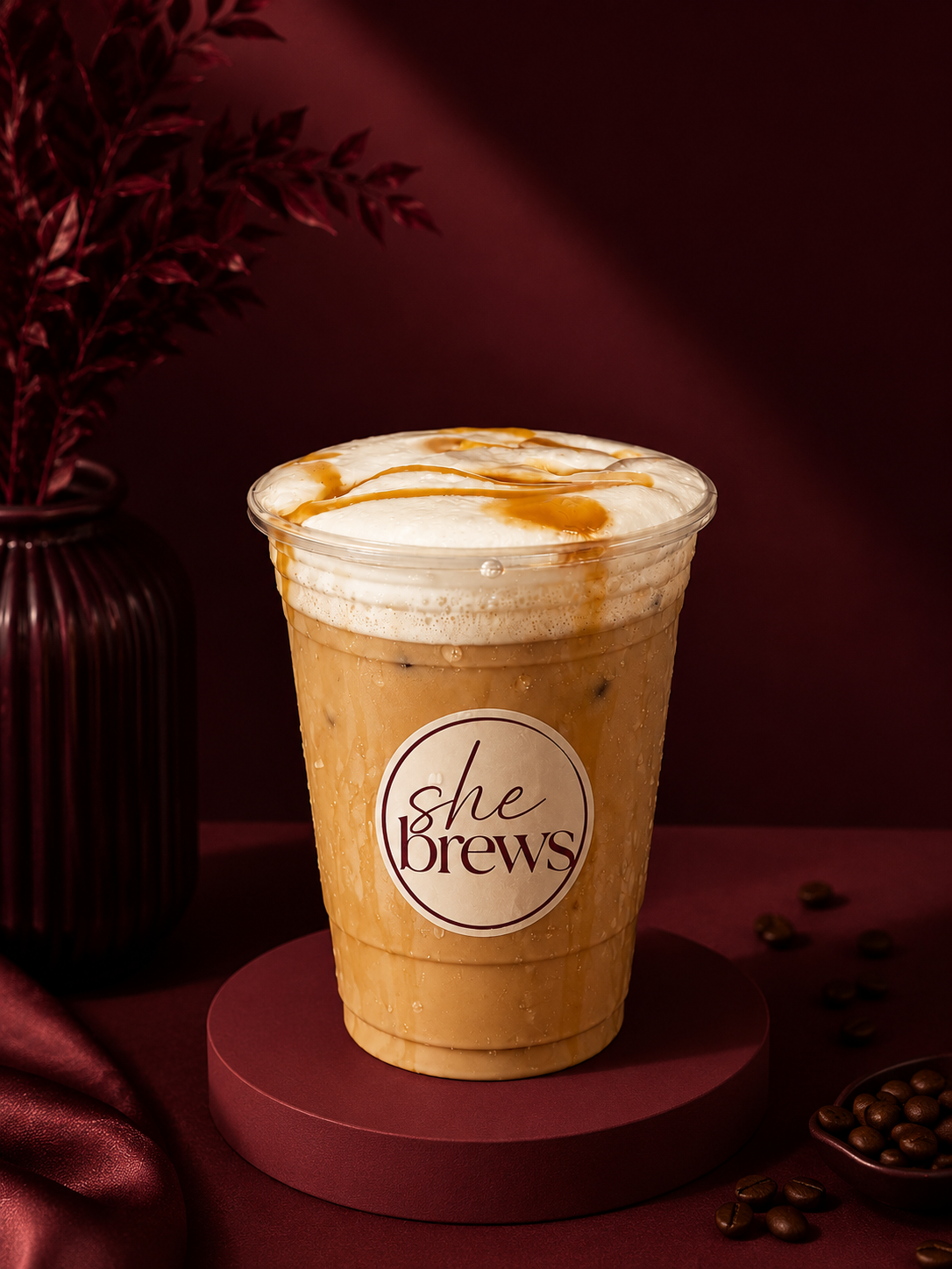 She Brews caramel iced latte with whipped cream drizzle